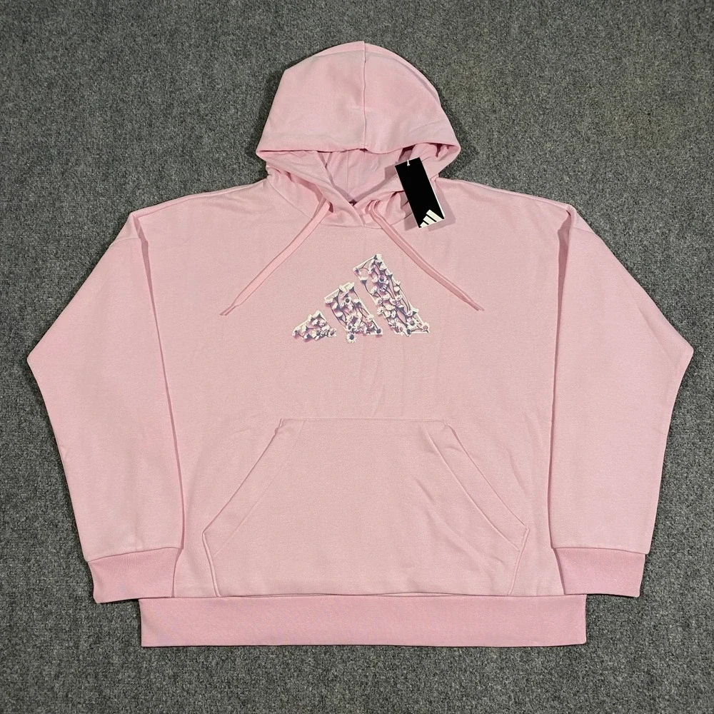 Adidas Trefoil Floral Logo Hoodie Womens XL Clear Pink Flowers Pullover Fleece